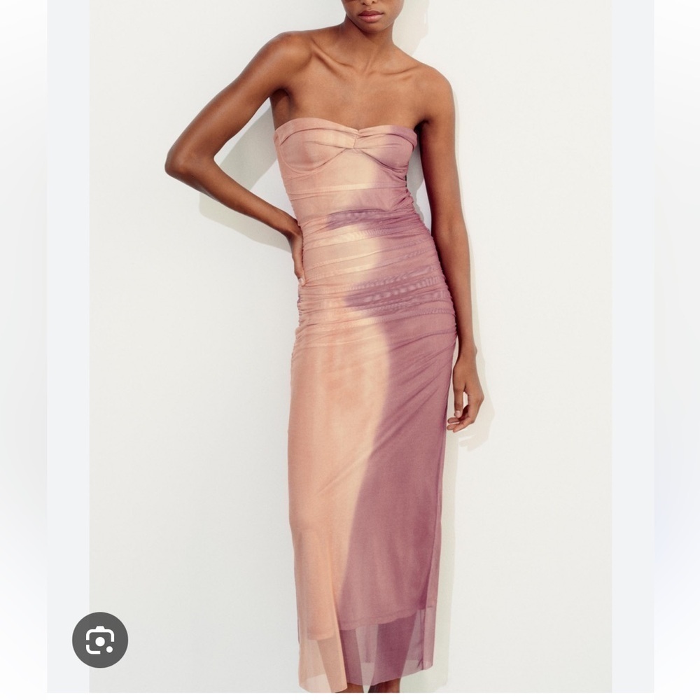 Zara Ombre Printed Tulle Strapless Dress NWT